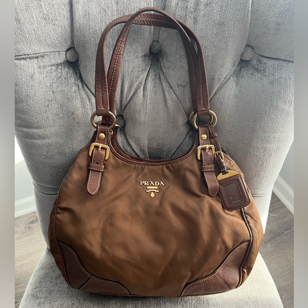 Prada Brown Nylon & Leather Shoulder Bag